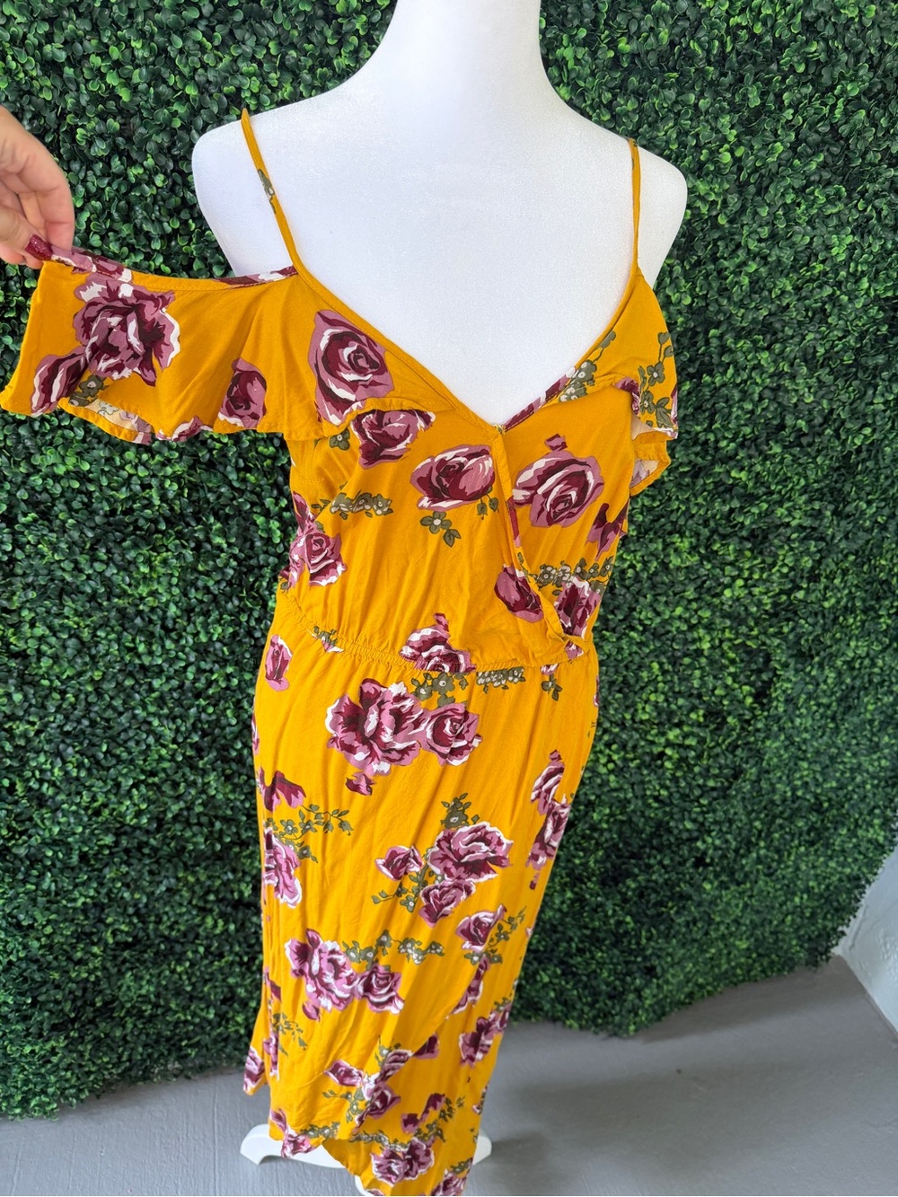 Draped Off-Shoulder Floral Dress in Mustard with Rose Print